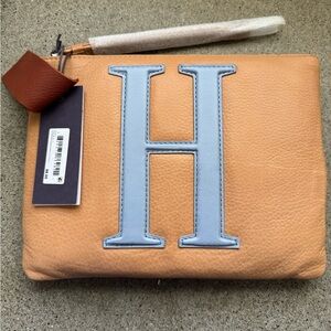 NWT American Leather Co. Tan Genuine Leather Clutch with Blue Monogram H